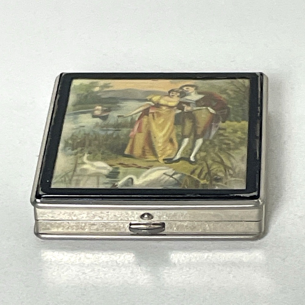 Vintage Courting Scene Powder Compact Mirror Silver Tone Vanity Case